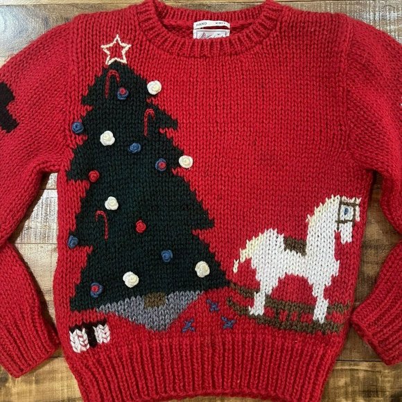 VTG Windcrest Hand Knit Women's Christmas Sweater Sz S Victorian Rocking Horse - Picture 8 of 8